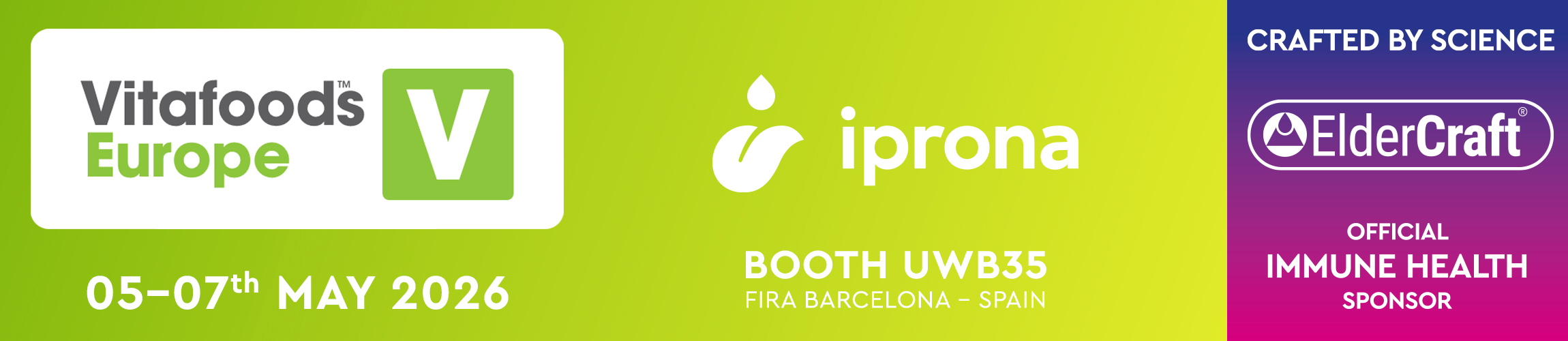 Werbehinweis für Vitafoods Europe 2026 vom 05. bis 07. Mai in Barcelona, mit iprona Stand UWB35